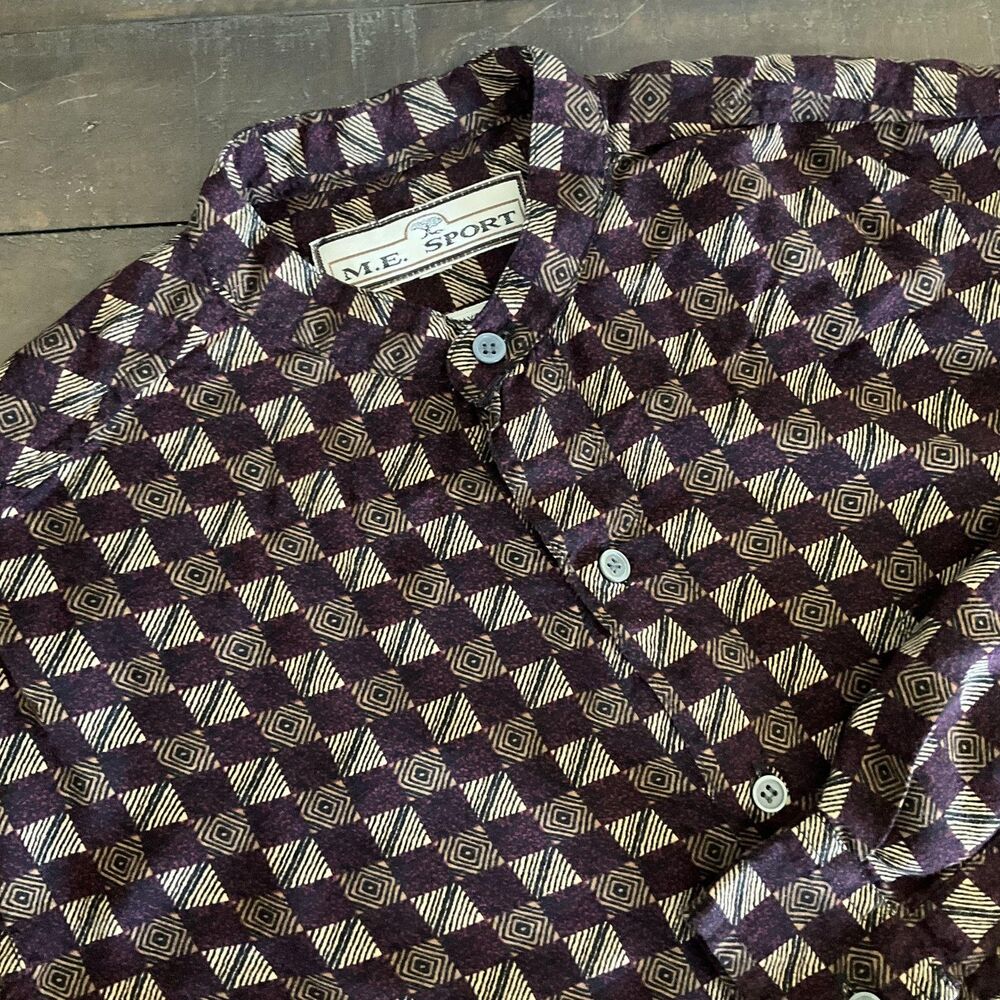 Vintage M.E. Sport Shirt Mens Large Geometric Rayon Long Sleeve Button Front 90s